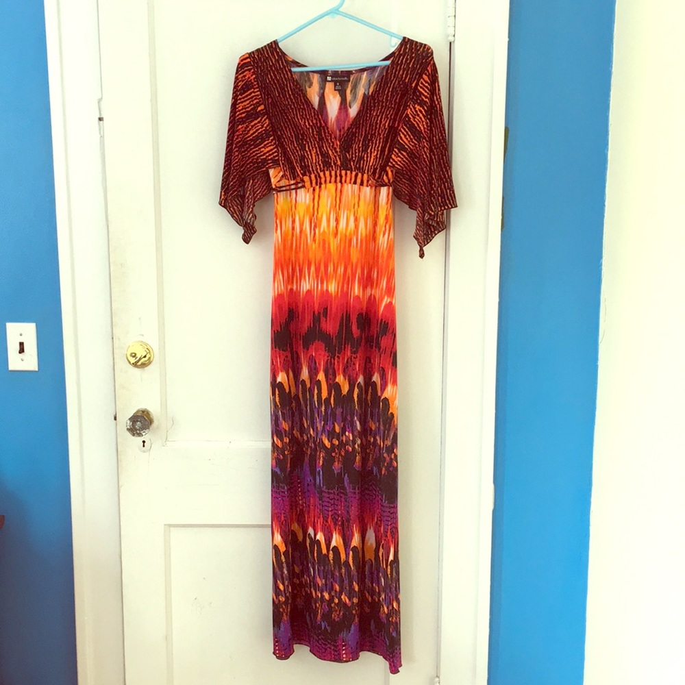Vibrant feather fire maxi statement dress